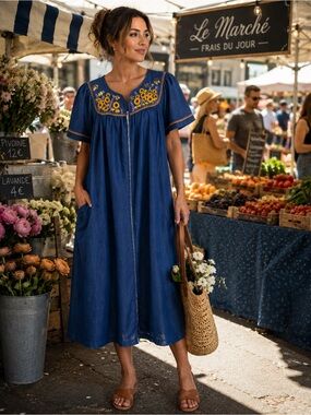 Go Softly Embroidered Denim Midi Dress Sunflower Bee Cottagecore Zip